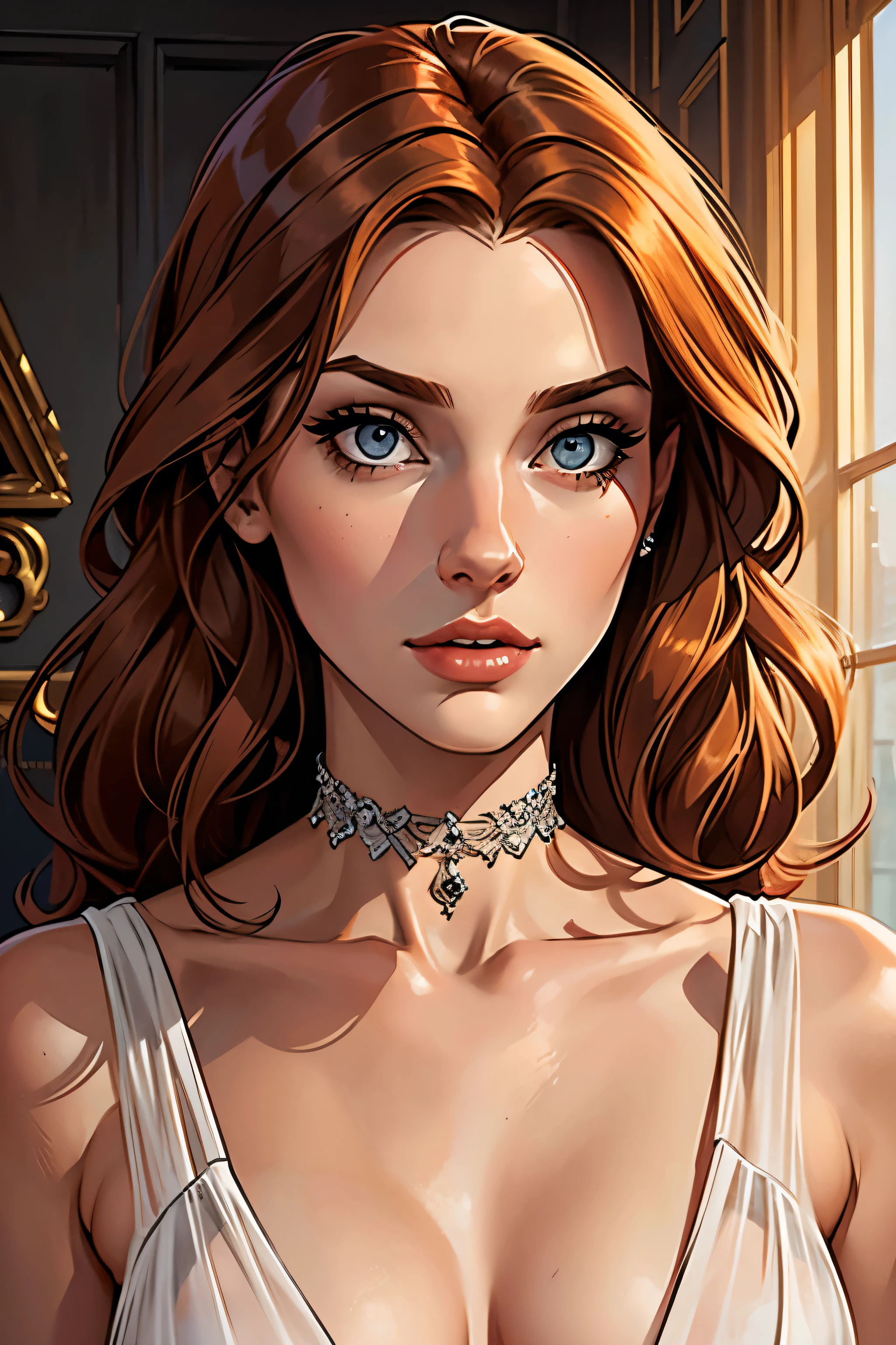 best qualityer, work of art, (realisitic: 1.2), 1 girl, slender girl, ginger hair, eyes browns, 3/4 view, face detailed, gorgeous eyes, eyes gray, eyes large, breasts small, choker, see through gown