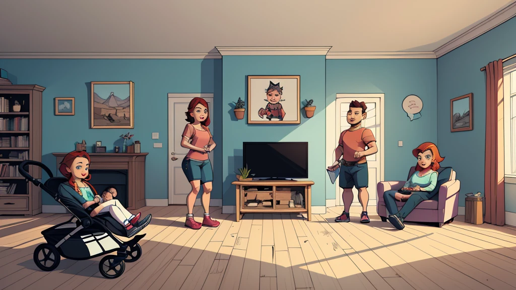 Traditional family in a traditional house, Fallout game image style Fallout clothes Cartoon image of a family indoors, playing on the floor with a stroller, mother cooking, father sitting in the living room watching television. cartoon style illustration, cartoon art style, cartoon art style, digital illustration style, highly detailed character design, cute detailed digital art,, portrait character design, beautiful digital illustration, high quality portrait , Comic art, Full body