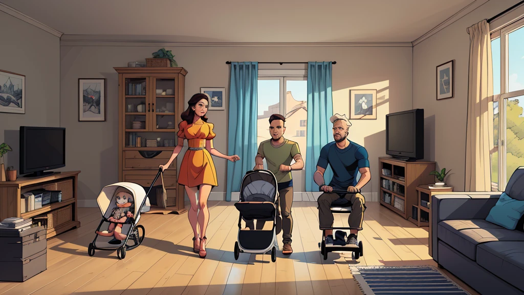 Traditional family in a traditional house, Fallout game image style Fallout clothes Cartoon image of a family indoors, playing on the floor with a stroller, mother cooking, father sitting in the living room watching television. cartoon style illustration, cartoon art style, cartoon art style, digital illustration style, highly detailed character design, cute detailed digital art,, portrait character design, beautiful digital illustration, high quality portrait , Comic art, Full body