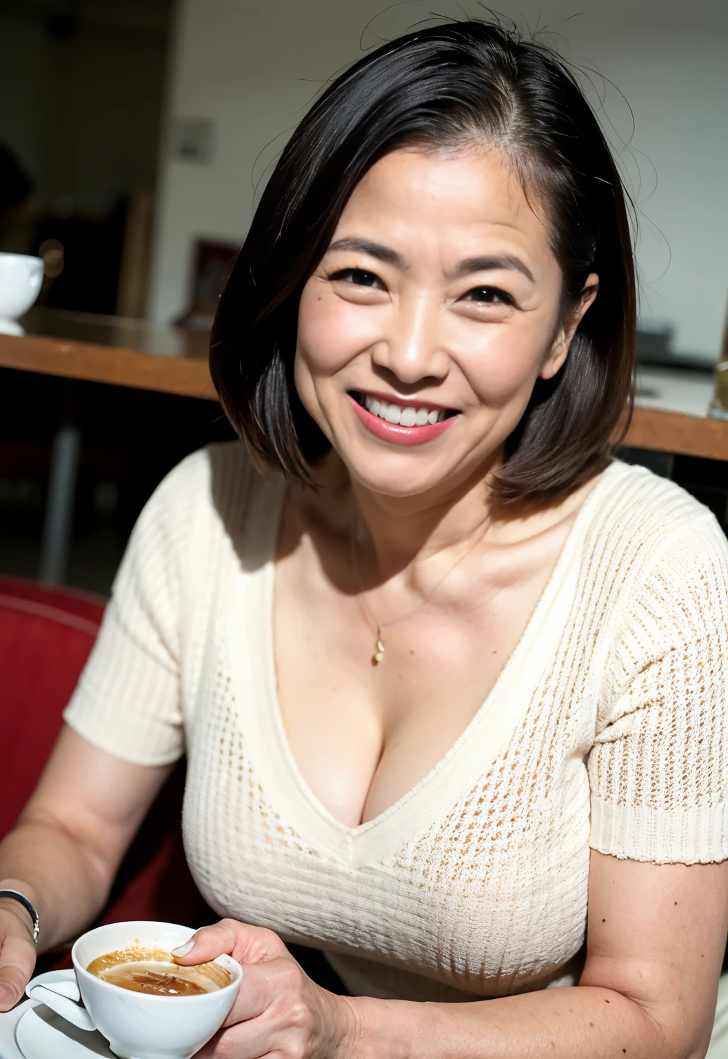8k wallpaper, masterpiece, Highest quality, Super detailed, One Mature Woman, 50 years old, Become very clear, Wearing a short-sleeved knit, Skin dents, Captivating smile, Looking at the audience, Cleavage, plump, Curvaceous, Fascinating face, Smiling with teeth showing, Wrinkles around the eyes, Sitting in a cafe, Background Blur
