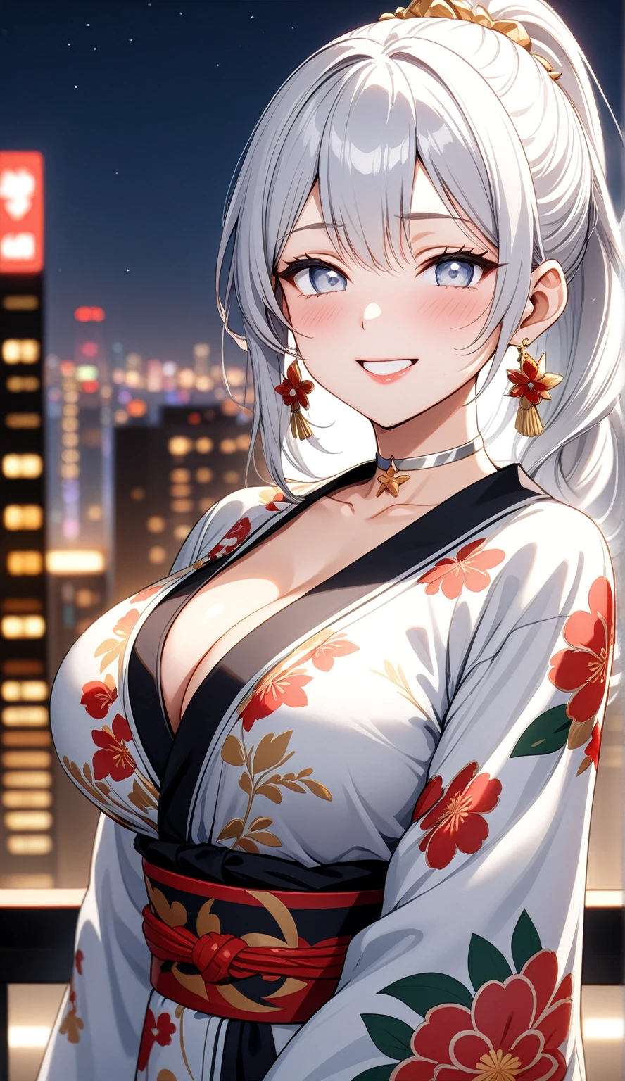 ((One personの女性)), Beautiful Face, Laughing embarrassedly, (laugh:1.2),((Wink:1.9)), (head tilt:1.3), Laugh with your mouth wide open, upper teeth, looking at viewer, ((full-face blush:1.6)),Glossy Red Lips, night, Skyscraper rooftop, firework, Glossy red lips, Shining Face, ((Anime style background)),masterpiece, Highest quality, so beautiful,up to date, Complex details, (Pink long nails),(ring),(bracelet),(Floral choker),AI-generated, Complex,High resolution, Highest quality, super high quality,3D Images、3D Images, One person, Long white hair, High Ponytail, Anime woman posing for a photo, (blue eyes), ((Fine grain、Silvery white, lightly pigmented eyes、Shining Eyes:1.4)), (Squint your eyes:1.1),a hyperRealistic , hyperRealistic , Realistic,Anime woman with long white hair, Smooth anime CG art, (A woman in a colorful kimono with gold embroidery), ((Black long sleeve kimono)),(Red floral pattern),Long flower hair ornament,Earrings,Mature Body,(Big Breasts:1.1),Tall,Abdominal muscles,Tight waist,(face focus:1.4), (front view),