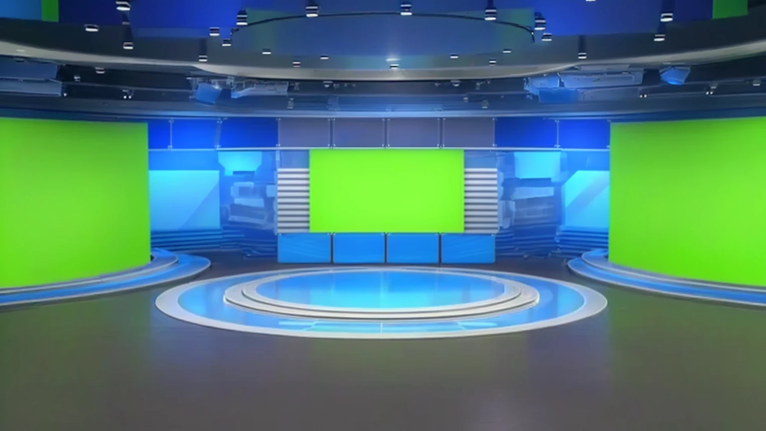 empty news studio with green screen and blue lighting, virtual set, tv studio, studio fund, plain studio fund, tv screens in fund, fund environment. 8K, green screen fund, studio 4 k, gradient studio fund, news broadcast, fund(solid), solid fund, large led screens, studio scenery, inside a large studio, random fund scene