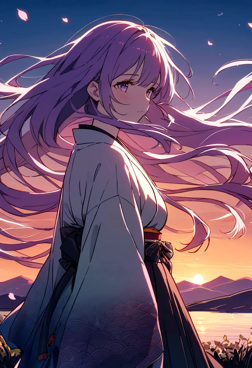 8k, High quality,Create an anime-style image of a young girl standing on a hilltop at sunset. She has long flowing hair and is wearing a traditional kimono with intricate patterns. The sky is a blend of orange, pink, and purple hues, and cherry blossom petals are gently floating in the breeze. In the background, there is a beautiful landscape with rolling hills, a calm river, and distant mountains. The overall atmosphere is serene and magical."