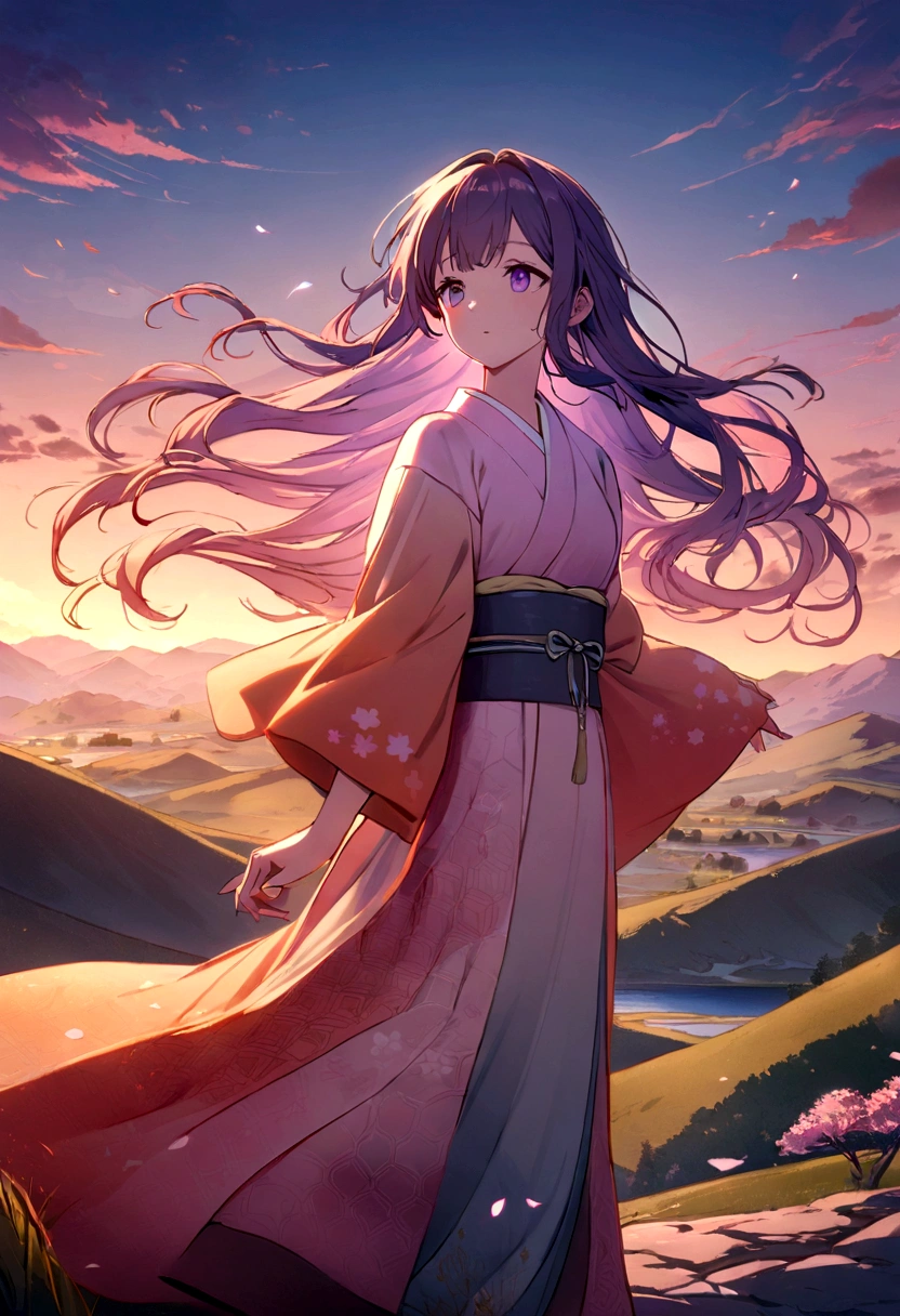 8k, High quality,Create an anime-style image of a young girl standing on a hilltop at sunset. She has long flowing hair and is wearing a traditional kimono with intricate patterns. The sky is a blend of orange, pink, and purple hues, and cherry blossom petals are gently floating in the breeze. In the background, there is a beautiful landscape with rolling hills, a calm river, and distant mountains. The overall atmosphere is serene and magical."