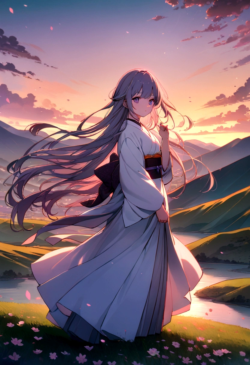 8k, High quality,Create an anime-style image of a young girl standing on a hilltop at sunset. She has long flowing hair and is wearing a traditional kimono with intricate patterns. The sky is a blend of orange, pink, and purple hues, and cherry blossom petals are gently floating in the breeze. In the background, there is a beautiful landscape with rolling hills, a calm river, and distant mountains. The overall atmosphere is serene and magical."