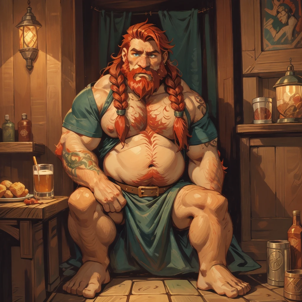 man, Viking, An old face, short stature, a big nose, 0 years, strong, thick, big b belly, Red hair, large red beard braided into three braids, thick body hair, густые Red hair на груди, густые Red hair на животе, густые Red hair на лобке, густые Red hair на яйцах, thick hair on arms, thick hair on legs, tattoos on body, Tattoos on the torso, drunk face, naked torso, !inry short skirt made of dark green fabric!, the skirt is held up by a leather belt with a gold buckle, dick sticking out from under skirt, in the pub, night, dim light from a warm lamp, holding a wooden mug in his hand, Very drunk, sleepy look, drunk look, Blue eyes, very embarrassed, sitting on the floor