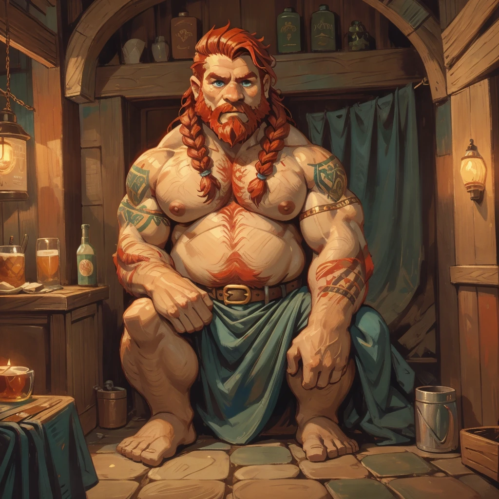 man, Viking, An old face, short stature, a big nose, Age 60 years, strong, thick, big breasts, big belly, Red hair, large red beard braided into three braids, thick body hair, густые Red hair на груди, густые Red hair на животе, густые Red hair на лобке, густые Red hair на яйцах, thick hair on arms, thick hair on legs, tattoos on body, Tattoos on the torso, drunk face, naked torso, !in a very short skirt made of dark green fabric!, the skirt is held up by a leather belt with a gold buckle, dick sticking out from under skirt, in the pub, night, dim light from a warm lamp, holding a wooden mug in his hand, Very drunk, sleepy look, drunk look, Blue eyes, very embarrassed, sitting on the floor