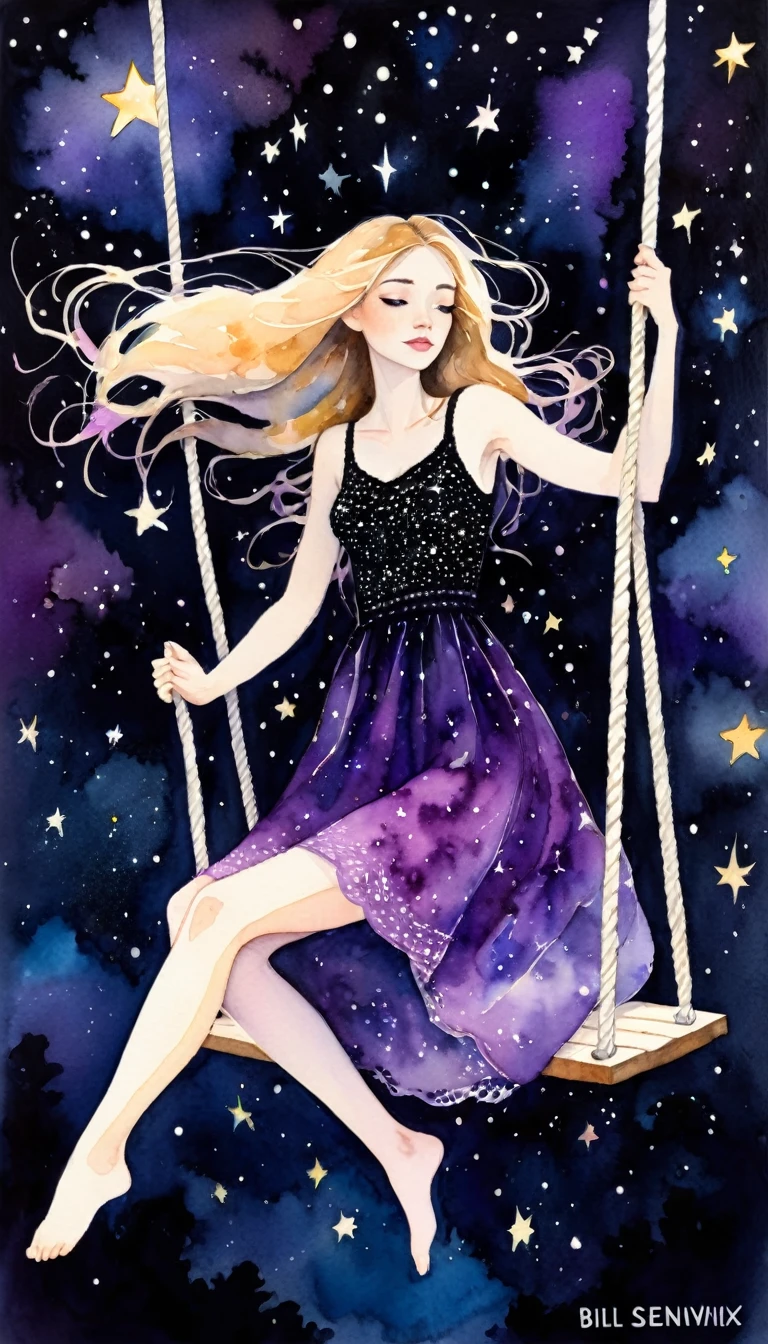 a cartoon of a very sexy long haired girl in a black crochet dress riding a swing in the air, 1 girl, alone, purple dress, swing, starlight, stars, watercolor, oil painting, whimsical, fantasy , art inspired by Bill Sienkiewicz