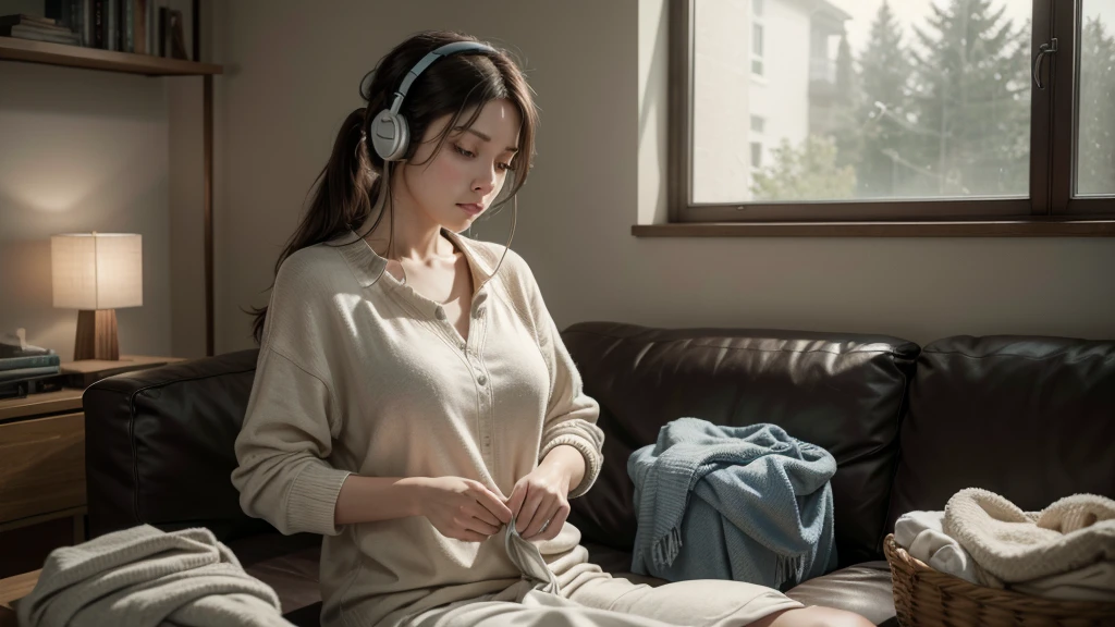 high-resolution, ultra-realistic, 4K, cinematic image of a serene living room , with a woman folding laundry while listening to an audiobook, folded clothes beside her, wearing headphones