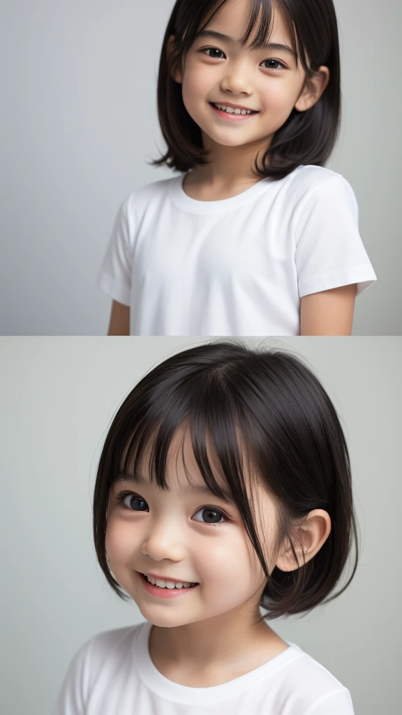 masterpiece, 8K, High resolution, alone, highly Detailed face, Girl 1, 5 years ol The audience watching, White T-shirt, photograph, Realistic, Highest quality, Detailed face, White Background, Diffuse lighting, Shortcuts, Black Hair, Look forward, Fit the whole face to the upper body, Small, black, narrow eyes