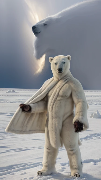 ((Polar bear stands looking at the sky Medium muscular, frozen planet setting, snowstorm , zoomed in on crotch, , chunie, darkgem, He uses an old, torn blanket made of animal hide as a garment for his body.))
