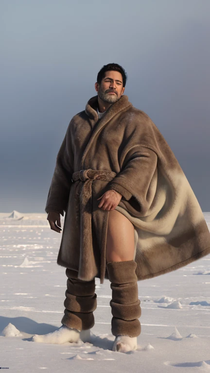 ((Polar bear stands looking at the sky Medium muscular, frozen planet setting, snowstorm , zoomed in on crotch, , chunie, darkgem, He uses an old, torn blanket made of animal hide as a garment for his body.))