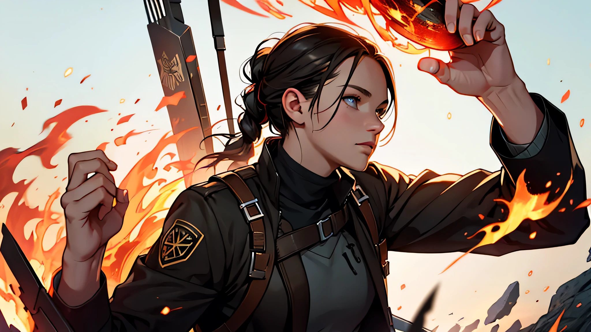 Make "the Hunger Games" logo with the name in English and letters with a fire effect