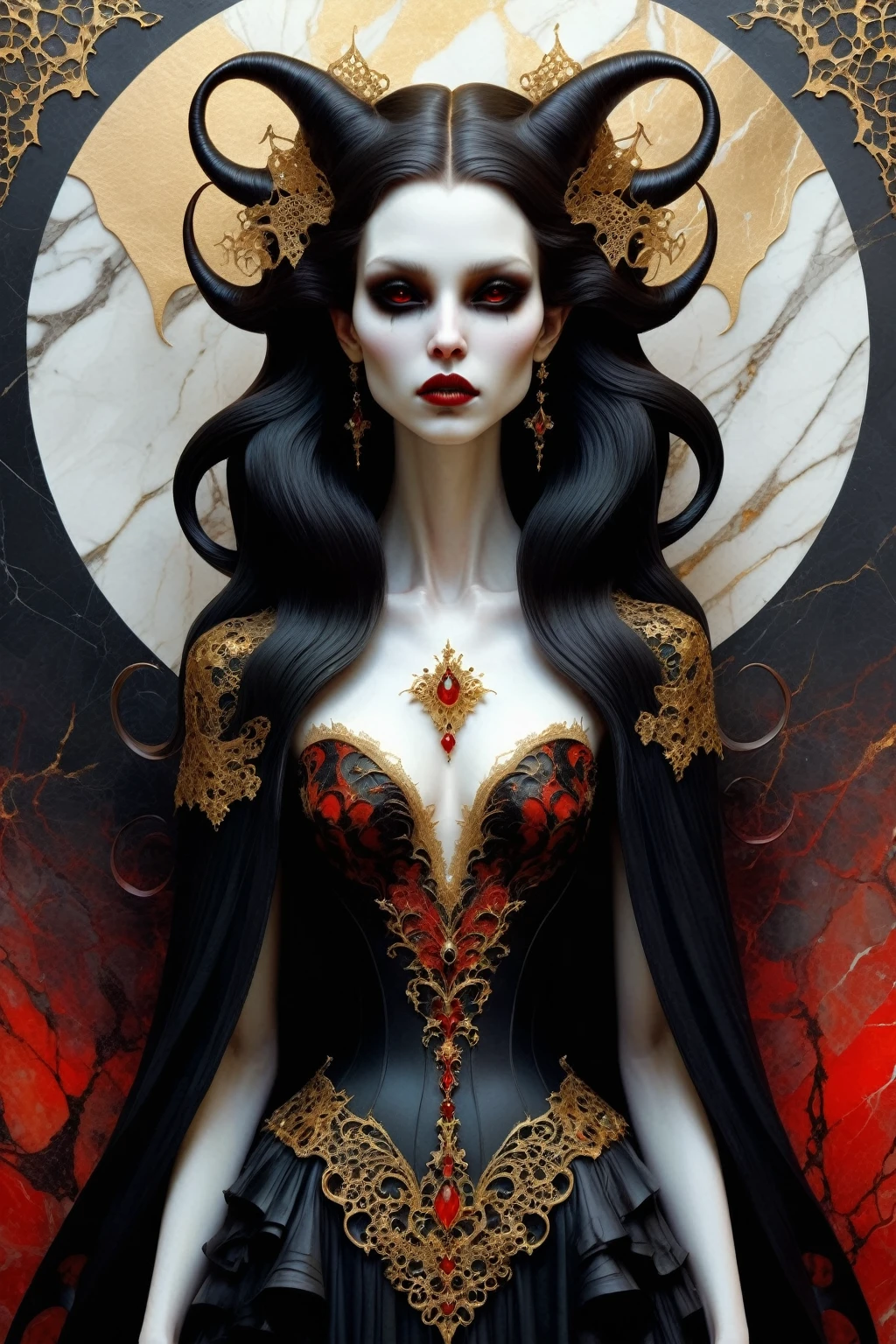 a beautiful illustration of a vampire woman made from an abstract marble texture, with colors of black, red and gold, highly detailed, intricate design, marble material, BY Anne Bachelier,