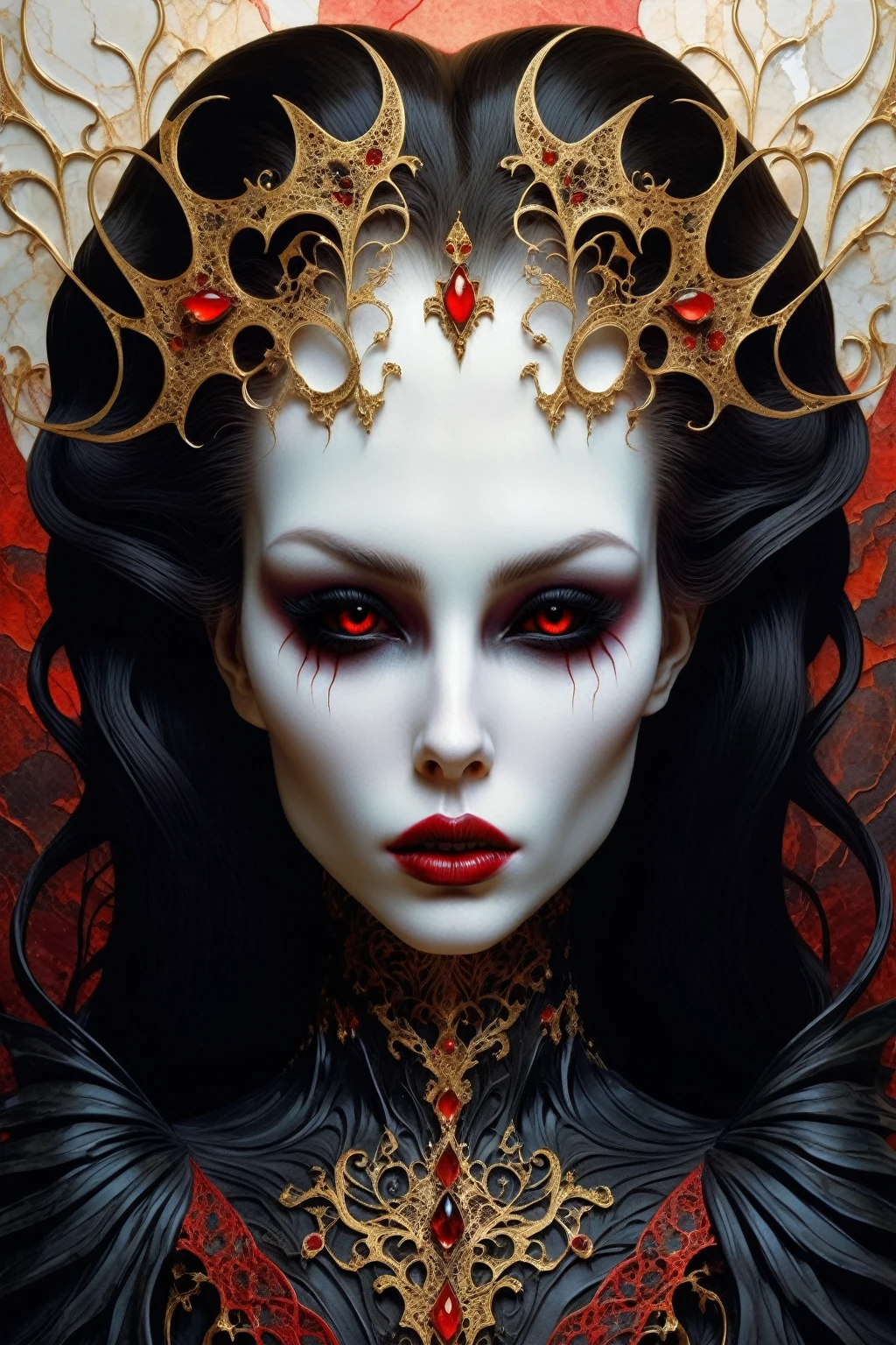 a beautiful illustration of a vampire woman made from an abstract marble texture, with colors of black, red and gold, highly detailed, intricate design, marble material, BY Anne Bachelier,