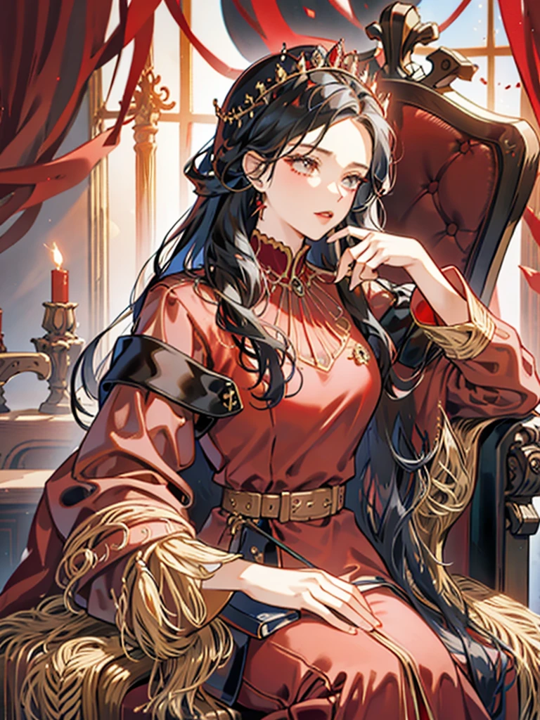 Queen,red,Majesty,Golden crown,long black hair,Western style palace,Overlooking,red velvet cloak,red black silk dress,Queen Clothing,throne