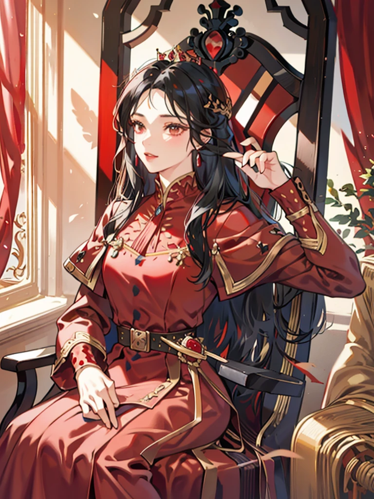 Queen,red,Majesty,Golden crown,long black hair,Western style palace,Overlooking,red velvet cloak,red black silk dress,Queen Clothing,throne