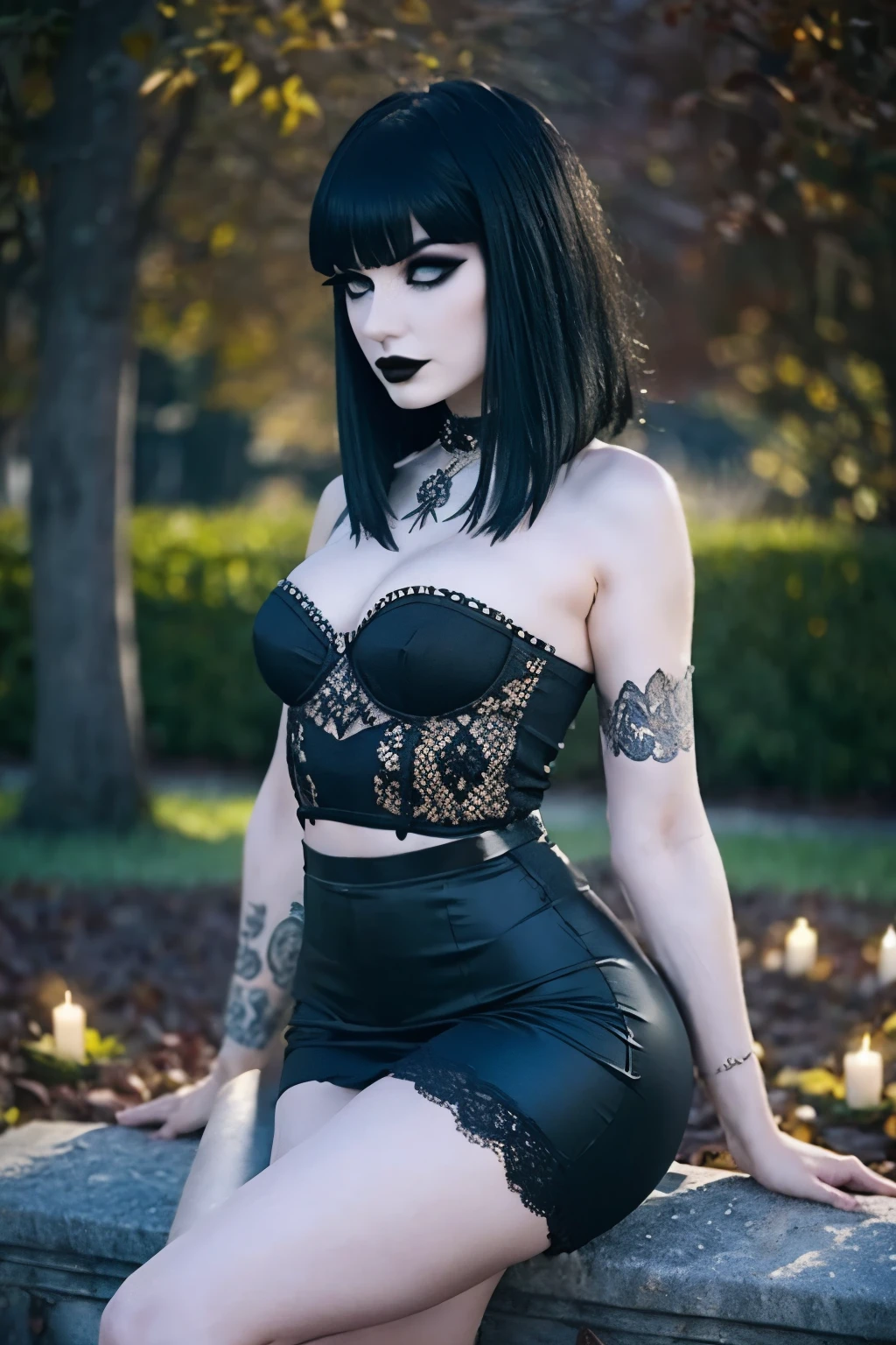 There is a 18 year old Goth Girl who is sitting, with Pale skin,  natural soft Pale skin, ((Cut hair with fringe, makeup )), night,By the chestnut, piel brillante, muy small breasts, muy , gothic sexy clothes. Tomb cemitery background. Cinematic lighting.