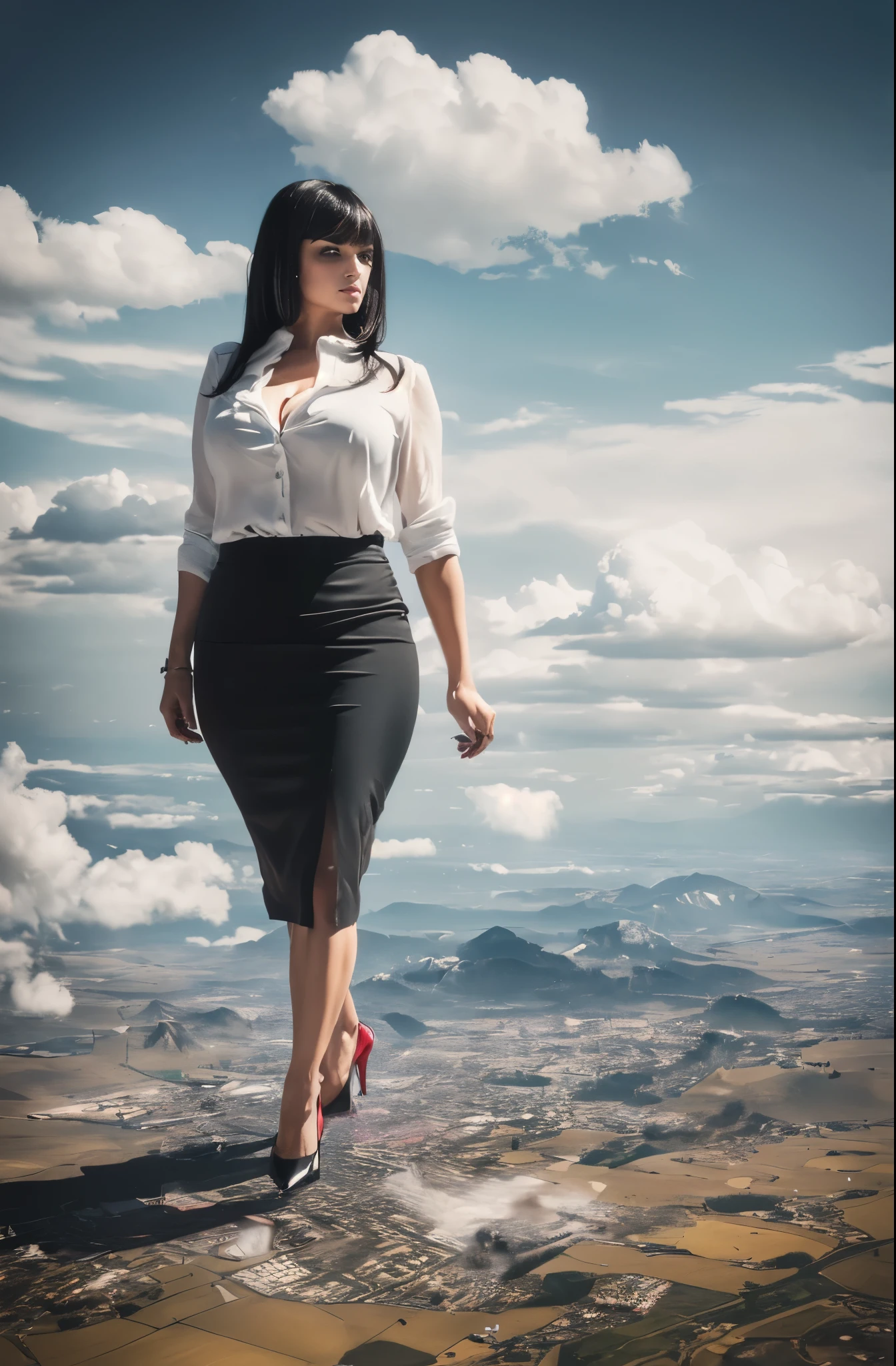 Mia Wallace, (masterpiece, best quality, best shadows, best shading, perfect hands, perfect face, cinematic lighting, colorful, ultra-detailed, beautiful photography, character focus, extremely-detailed, photorealistic, hyper photorealism, atmospheric), (rural destruction:1.7), (giantess, stereotypical office worker), (dirty, filthy, unwashed, sweaty, unkempt, angry, tired, exhausted, annoyed), (walking, mid stride, stepping down on, stomping, crush, rampage), (black patent Louboutin pointed toe pumps, high heels, stiletto heels), ((revealing crisp white blouse, short black pencil skirt)), ((long straight hair with front bangs)), (high altitude photography, satellite view), (curvy, exposed cleavage, heaving bosom, legs), (urban sprawl, farmland and small towns, destruction, buildings, roads), (((cloudy, overcast, clouds and atmosphere partly obscuring the subject, hazy atmosphere, haze in foreground, wispy clouds)))