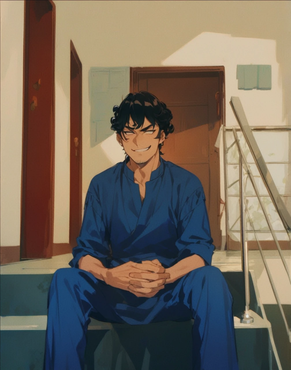 Man with curly black hair, wearing a blue kurta, smirking