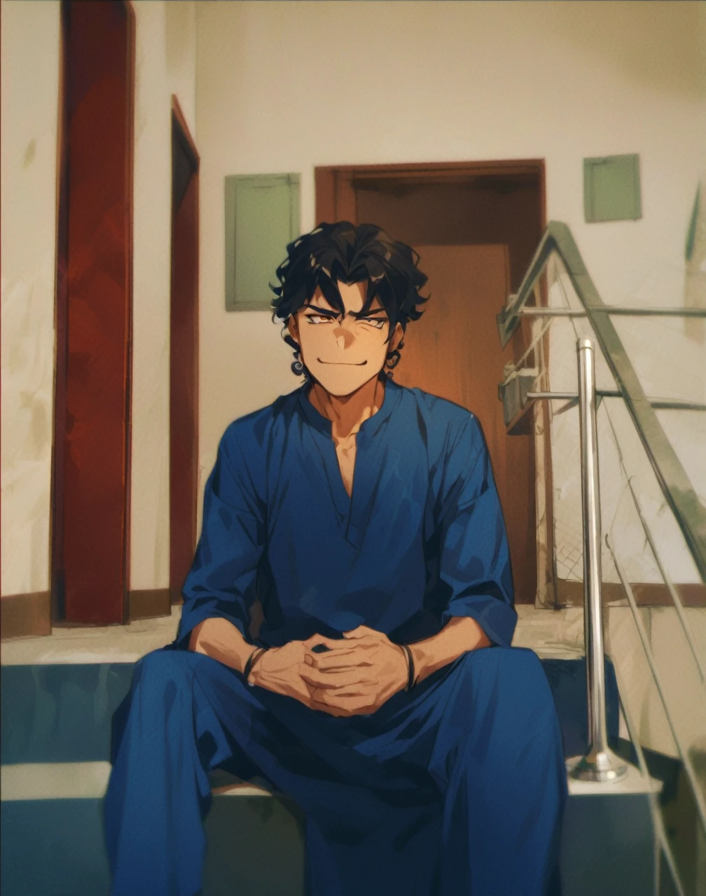 Man with curly black hair, wearing a blue kurta, smirking