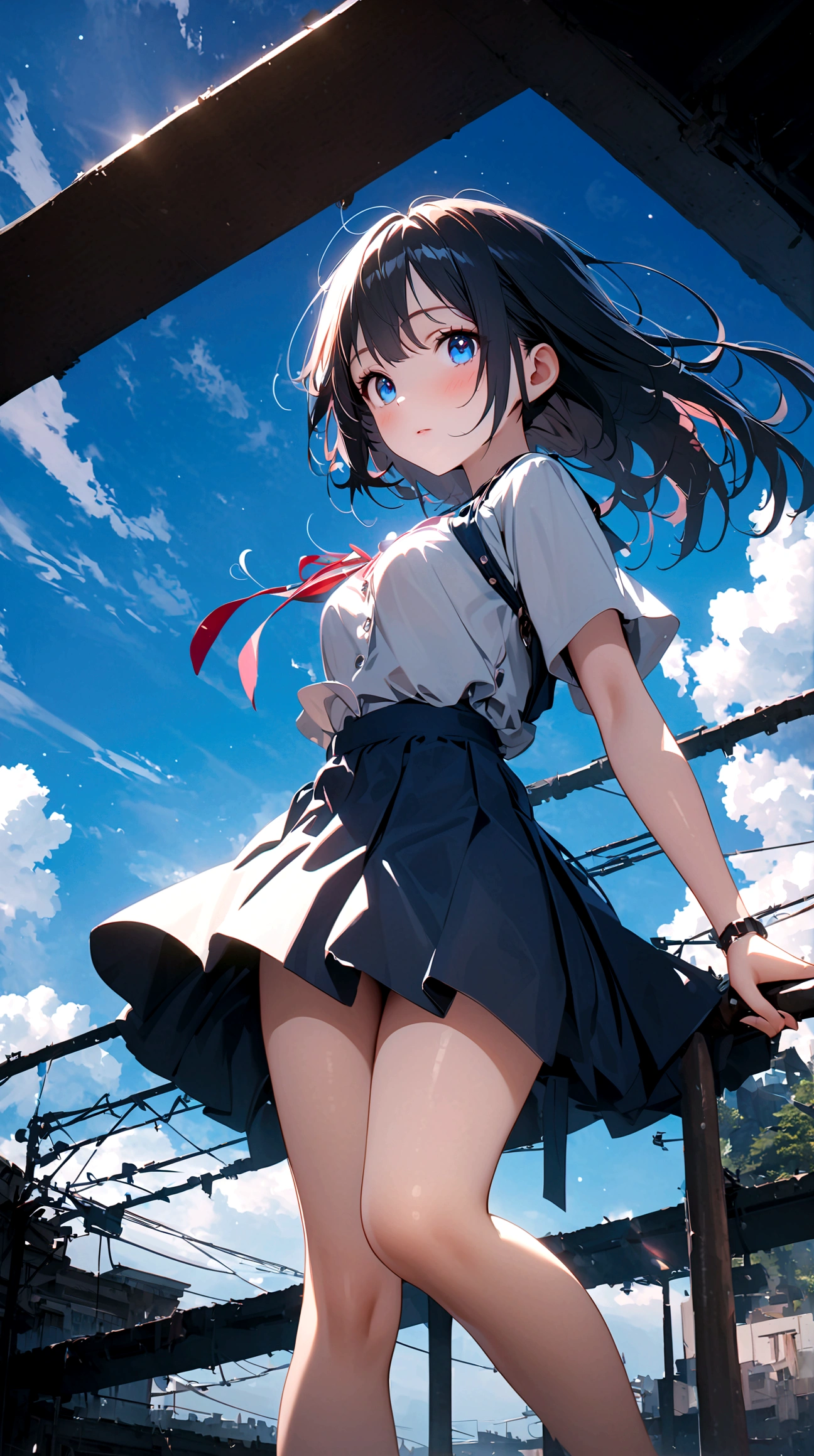 High resolution Beautiful blue eyes, full body expression, one girl, alone, blue sky background, bright, blue sky, clouds, sunny, student, young person, blue and white main color, solo focus, love, accessories, beautiful hairstyle, beautiful, beautiful eyes, gloss High Resolution, Zoom Out, Youthful Love, Quality (8K, Highly Detailed CG Unit Wallpaper, Masterpiece, High Resolution, Best Quality, Best Quality, Surreal, Increase Resolution, RAW Photo, Highest Quality, Very Detailed wallpapers, movie lighting, ray tracing, golden ratio\),