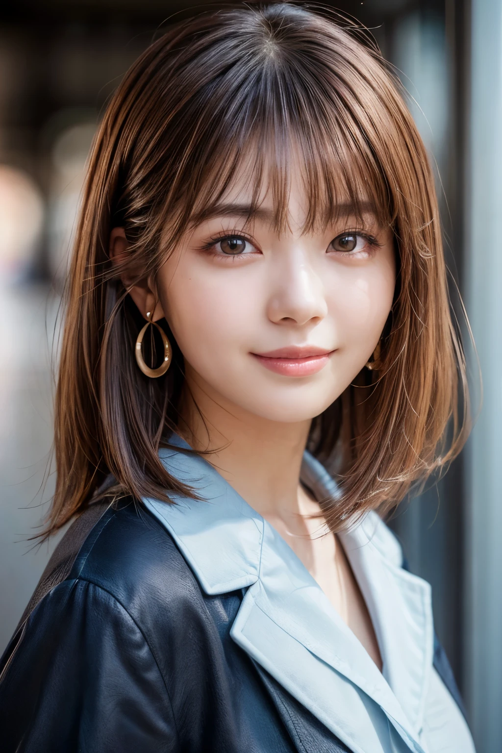 Upper Body、Beauty、Well-formed face、20-year-old、Uniform eyes、Small face、, light brown hair, hair over shoulder, parted bangs, straight hair, expressive hair, shiny hair, earrings, seductive smile, Surrealism, cinematic lighting, first-person view, pov, f/1.2, Nikon, UHD, textured skin, best quality, highres, 8k