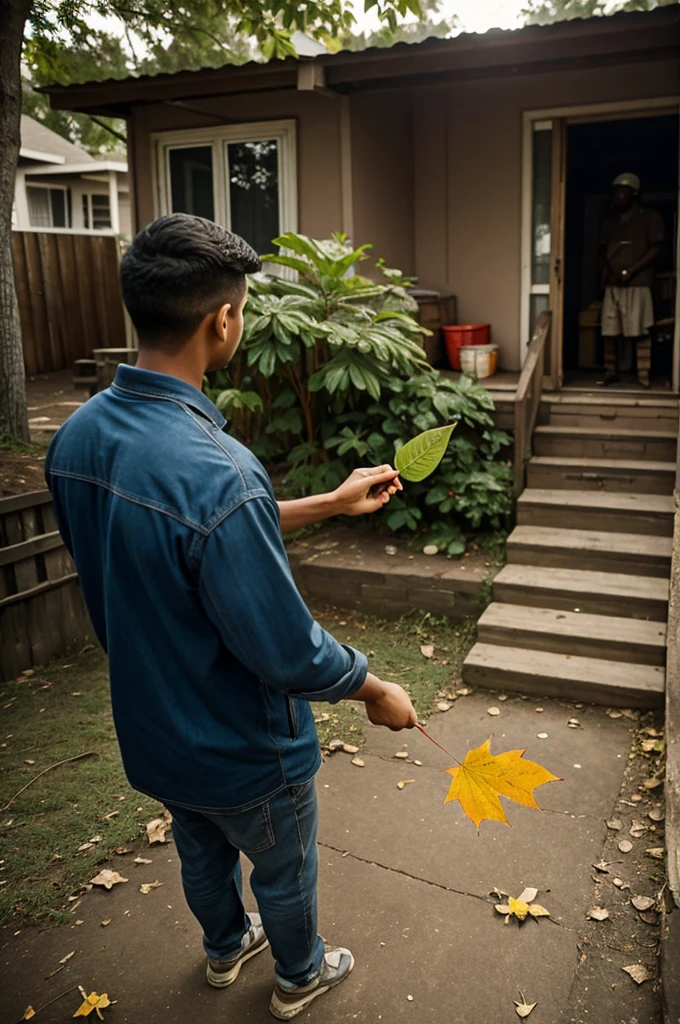 A photo of a person receiving a leaf outside his house in a poor neighborhood
