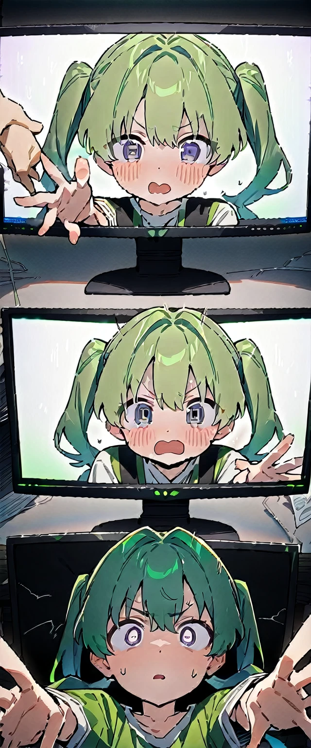 (((masterpiece,Highest quality))),(((Anime boy looking stunned in front of a computer monitor,A green haired anime girl with twin tails reaching out from a computer screen))),((A dark room with only the computer running)),A boy and a girl holding hands,(high quality),アニメ