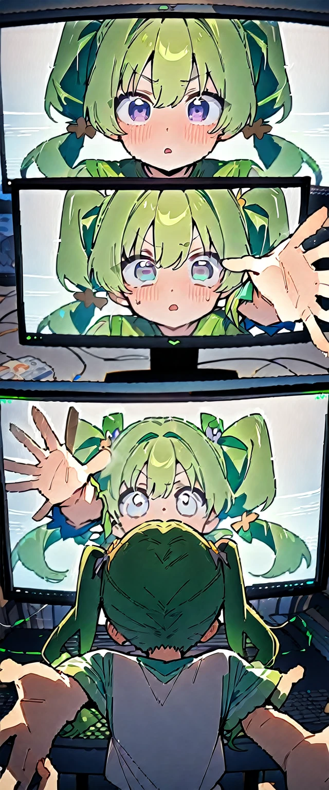 (((masterpiece,Highest quality))),(((Anime boy looking stunned in front of a computer monitor,A green haired anime girl with twin tails reaching out from a computer screen))),((A dark room with only the computer running)),A boy and a girl holding hands,(high quality),アニメ