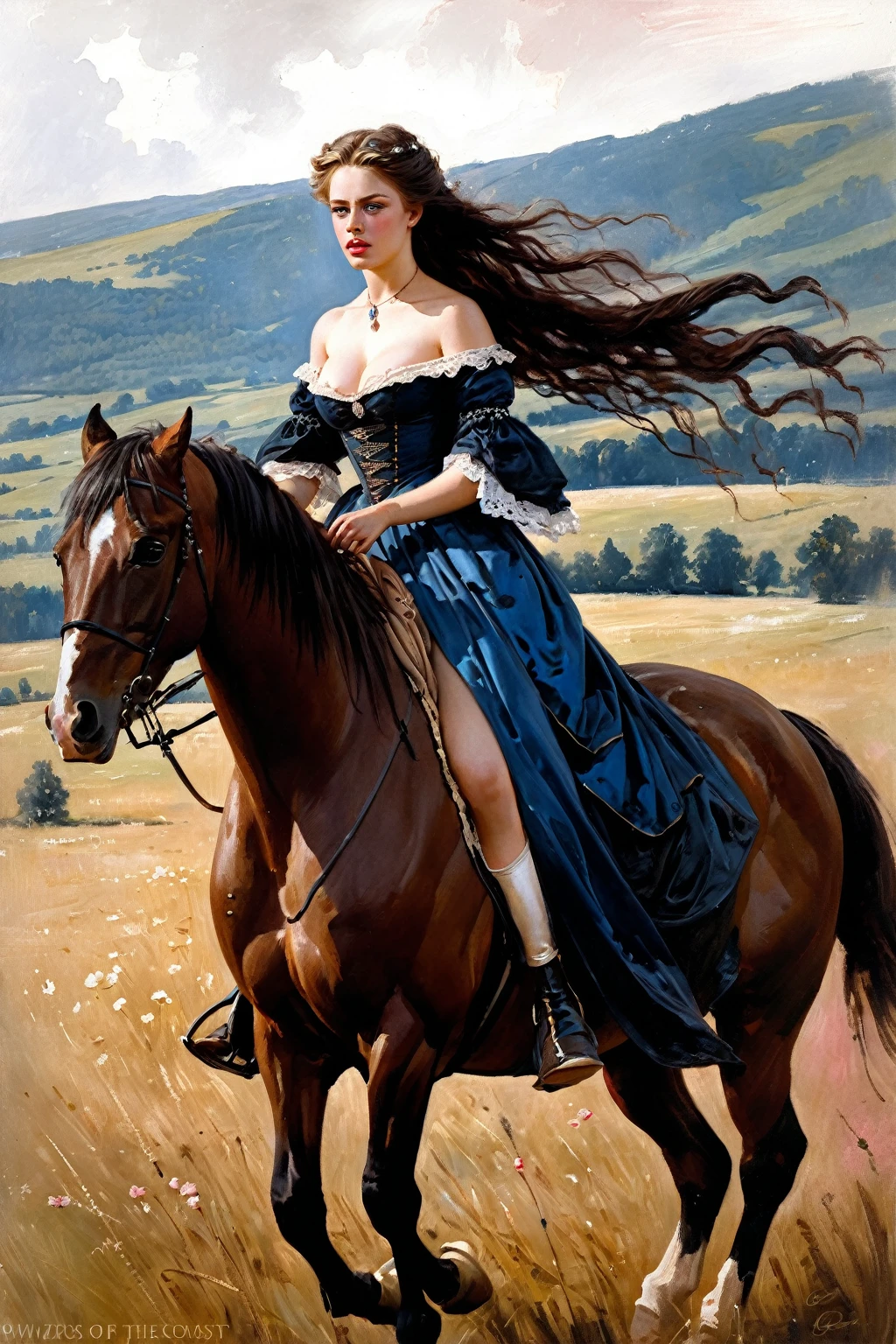 Victorian Hungarian women Women of the 19th century, Very Elegant Dresses, riding a horse in a meadow, Gorgeous and long hair, Pink lips, Nice features, Wadim Kashin, James Gurney, ink, Splash Art, Amazing beauty, Royo, after sexing, Super detailed splash art modern European oil ink painting, Mid Gorgeous chests, Gorgeous Body, oil painting, Very detailed Dark Diamond Blue eyes, Blush, Greg Rutowski, (no NSFW image), full body view.