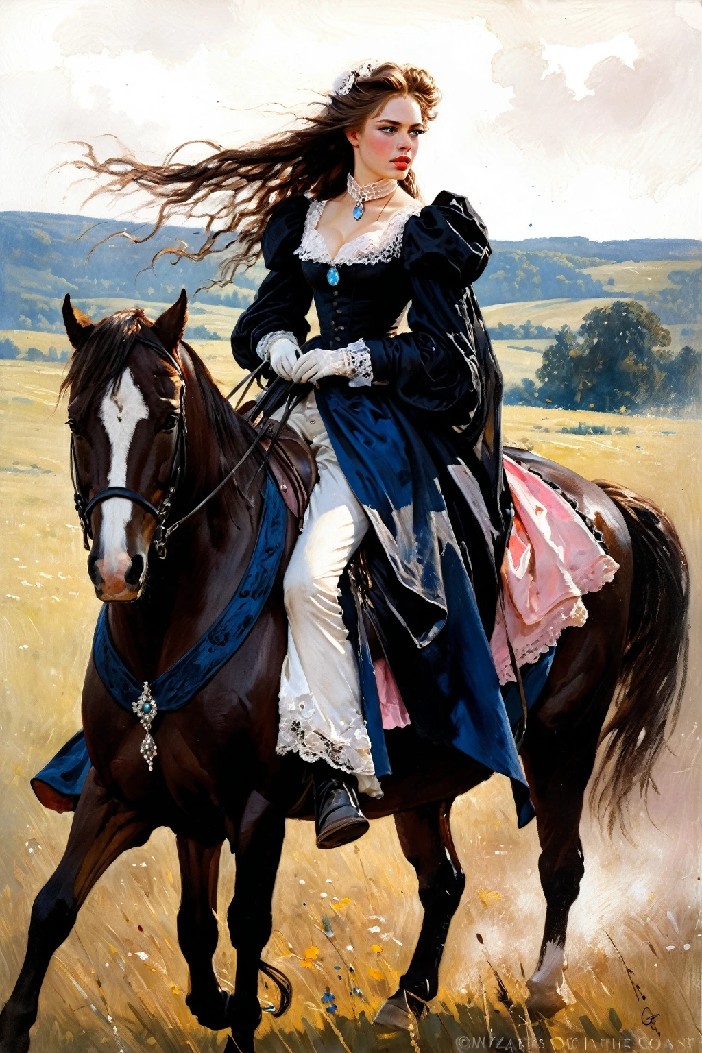Victorian Hungarian women Women of the 19th century, Very Elegant Dresses, riding a horse in a meadow, Gorgeous and long hair, Pink lips, Nice features, Wadim Kashin, James Gurney, ink, Splash Art, Amazing beauty, Royo, after sexing, Super detailed splash art modern European oil ink painting, Mid Gorgeous chests, Gorgeous Body, oil painting, Very detailed Dark Diamond Blue eyes, Blush, Greg Rutowski, (no NSFW image), full body view.