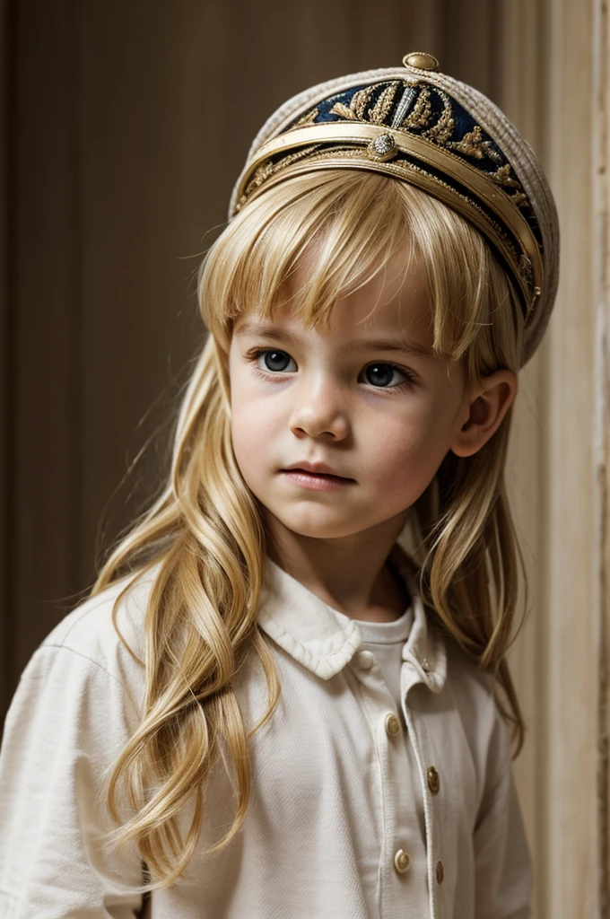 Royal portrait of a boy with messy blonde hair, a cap, and a long shirt