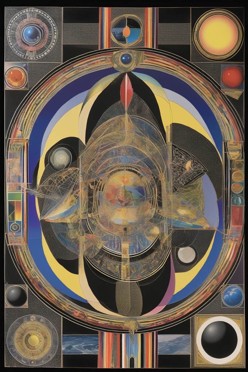 Paul Laffoley Style: wrapped in an aesthetic of obsidian tones, the emblematic sovereign, Cleopatra, materializes within the confines of a stranger, abstract universe. Architectural configurations of geometric genesis intertwine with the disconcerting constructions of the psychedelic painting, projecting spectral penumbras intermingled with effulgent spectrums of chromatic splendor. Threshold depths increase vehemence, like convoluted frameworks of intricate lattices, similar to the cosmic complexity of kaleidoscopic buildings, cocoon its existence q2