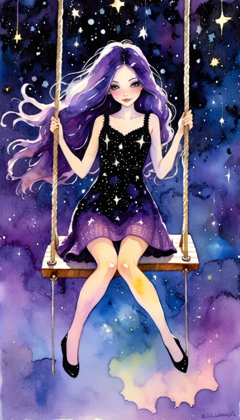 a cartoon of a very sexy long haired girl in a black crochet dress riding a swing in the air, 1 girl, alone, purple dress, swing, starlight, stars, watercolor, oil painting, whimsical, fantasy , art inspired by Bill Sienkiewicz