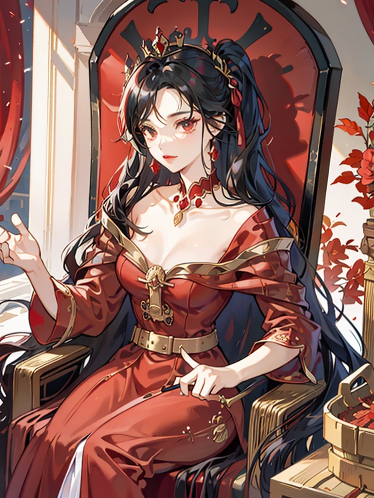 Queen,red,Majesty,Golden crown,long black hair,Western style palace,Overlooking,red velvet cloak,red black silk dress,Queen Clothing,throne