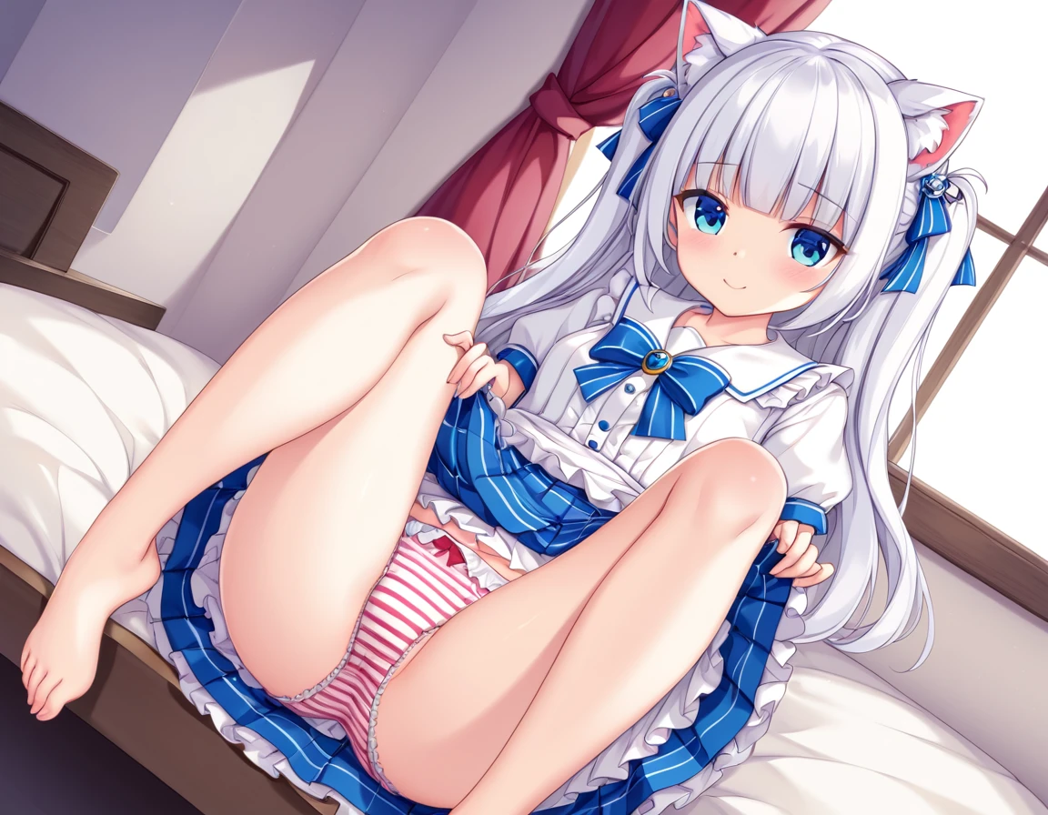 Plain white with emphasis on the chestTshirt、You can see the chest from the neck、Ultramarine and white striped mini skirt、When you lift up her skirt you can see her cute pink frilly underwear...、fluffy, White frilly flared skirt、When she lifted her skirt, She found some cute red frilly underwear、barefoot、