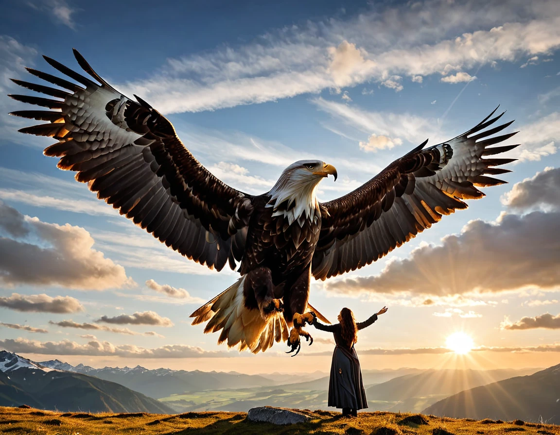 (Une sublime femme debout sur le dos d'un immense aigle, elle tient un arc dans sa main), s'envole dans un ciel radieux, (un seul arc tendu à la main), long cheveux flottants, la flèche tendue vers le soleil couchant, une flèche vient d'être décochée, vue de côté , pose dynamique , bouche ouverte elle hurle sa rage de vaincre , ((archeress , en lévitation)) , proportions parfaites, masterpiece, hyperRéaliste, masterpiece, superior quality, high resolution, Extremely detailed, highly detailed 8K wallpaper, détails fractales,