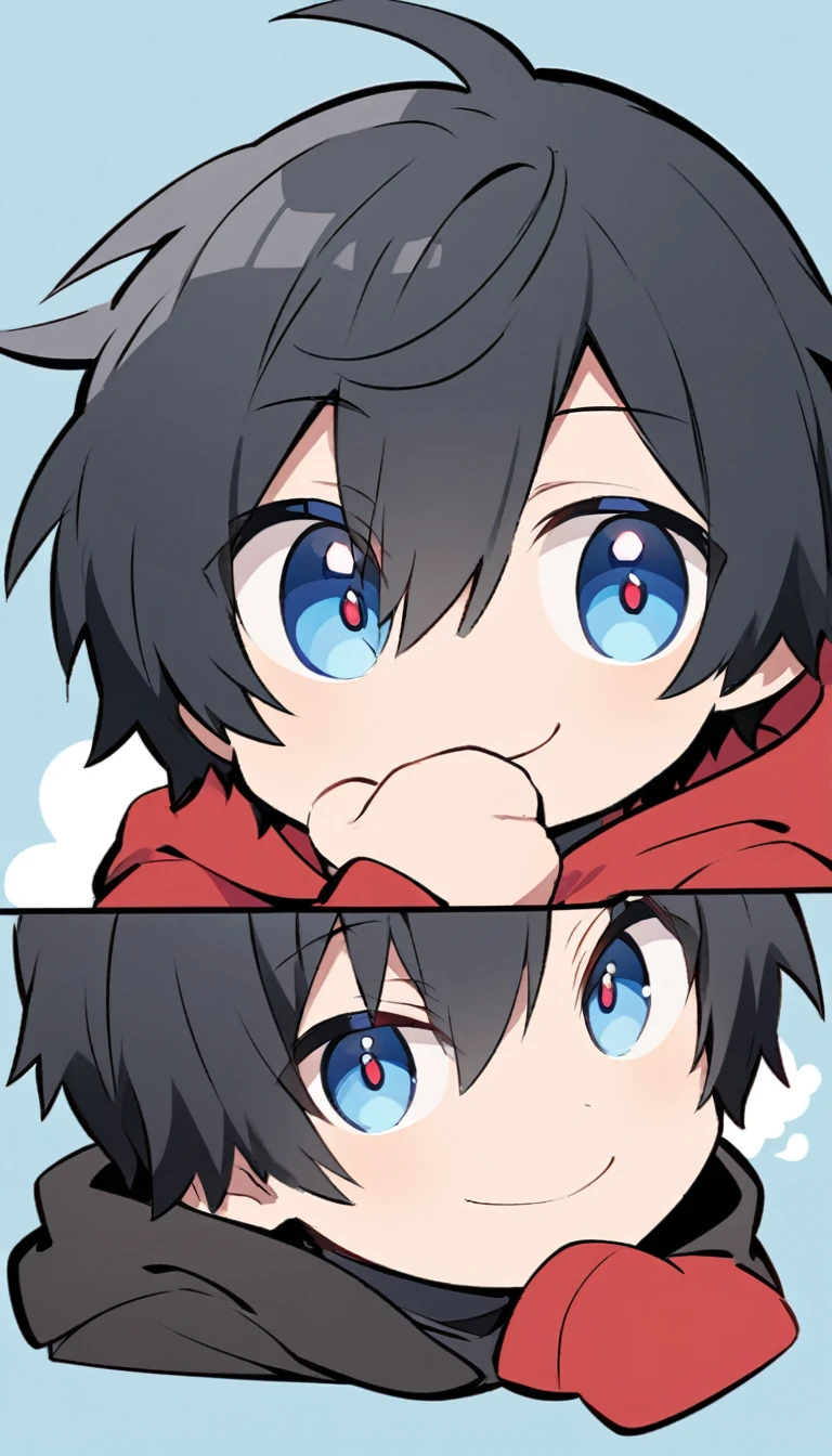 Create an anime style illustration. The character is in chibi style. The character is a young man with short black hair and blue eyes. He is wearing a red hoodie with a black hood. The character has a slightly mischievous expression. He is smiling with one corner of his mouth turned up. The background is a simple light blue color.