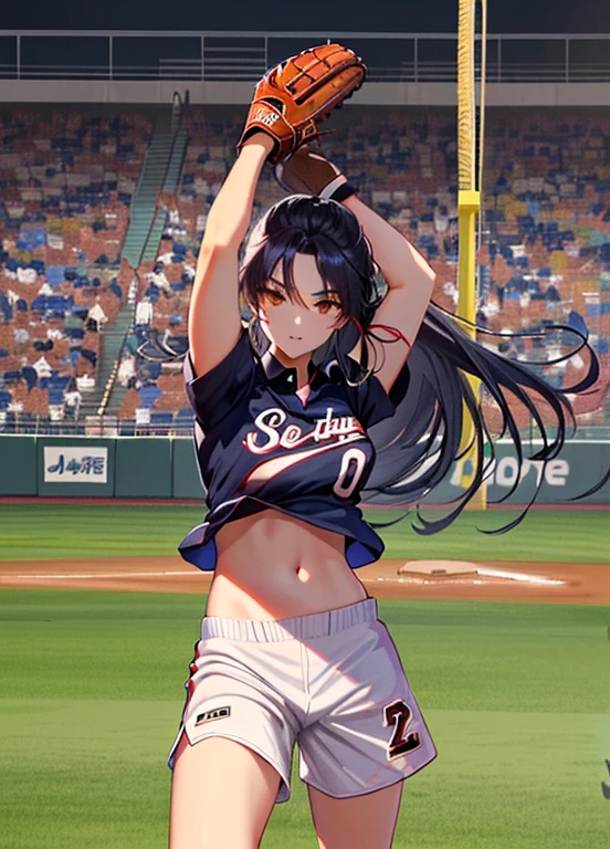 Highest quality, Amazing visuals, High resolution, High resolution、（Baseball glove in right hand）（The field watched by spectators）、（Baseball pitcher throwing a ball）（Asian beauty baseball player）, （Female Baseball Players）, ｛Black shirt with collar（Red pinstripe、Short length、Belly button）｝、White shorts、Black Sports Socks、Long silver hair, Sports photography、（A well-groomed and perfect face）、（Super Beauty）（Pitching form）