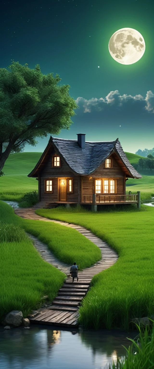     simple house, made of wood and surrounded by a vast green field, with a stream that ran right behind.  The moon was full and lit up the countryside in an almost magical way.. A man with a lamp in his hand , Near the creek, PICTURE REALISTIC, high resolution, 8K 