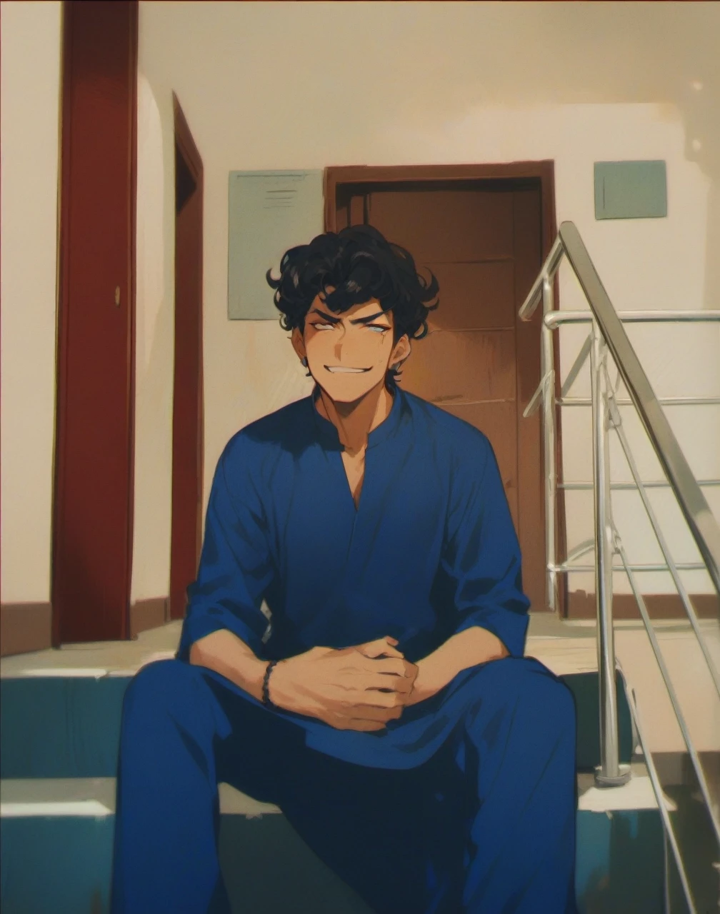 Man with curly black hair, wearing a blue kurta, smirking