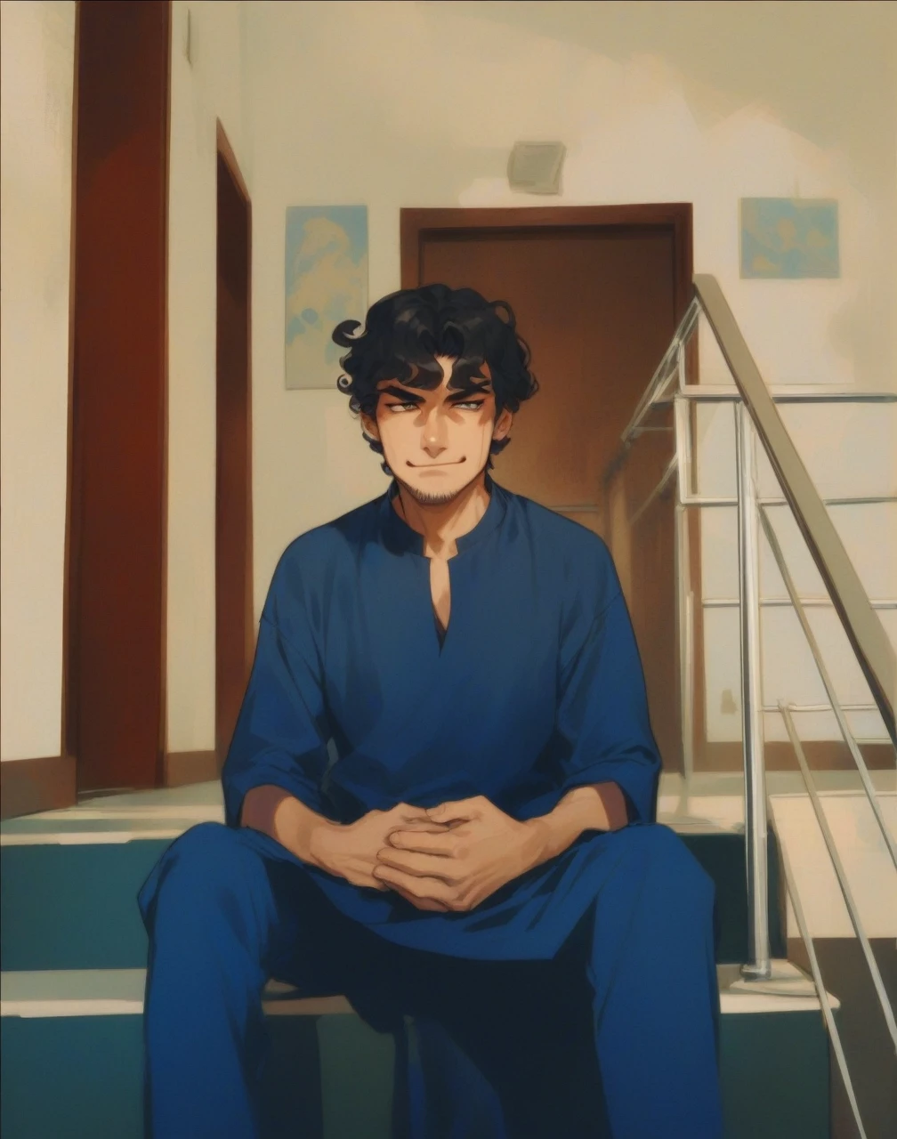 Man with curly black hair, wearing a blue kurta, smirking