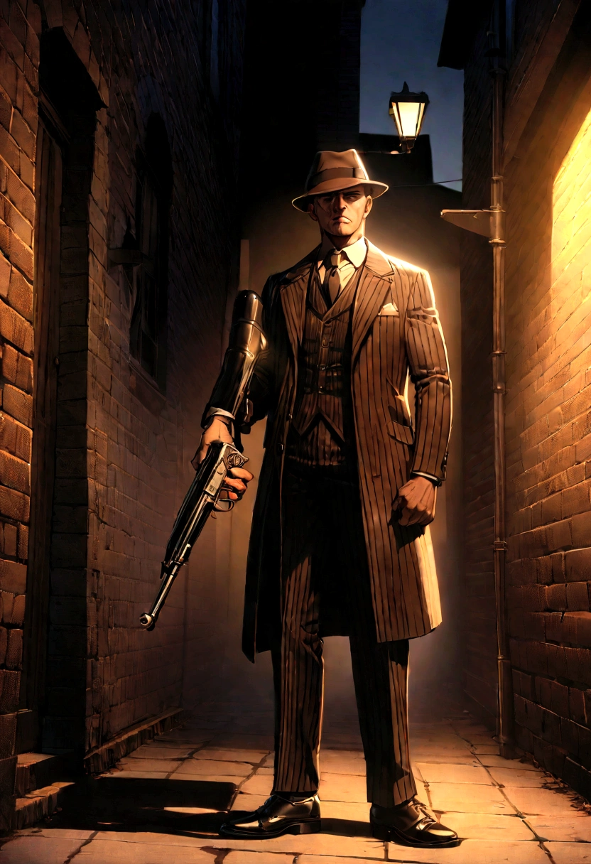 8k, high quality,"Create an image of a classic 1920s gangster. He is standing in a dimly lit alleyway with brick walls and old street lamps casting shadows. He is wearing a pinstripe suit, a fedora hat, and polished shoes. In one hand, he is holding a Tommy gun, and in the other, a lit cigar. The background includes vintage cars parked nearby, and a smoky, mysterious atmosphere. The gangster has a confident, intimidating expression, embodying the era's dark, gritty vibe."