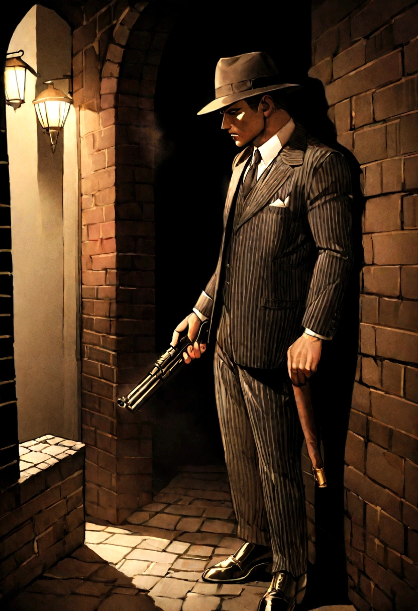 8k, high quality,"Create an image of a classic 1920s gangster. He is standing in a dimly lit alleyway with brick walls and old street lamps casting shadows. He is wearing a pinstripe suit, a fedora hat, and polished shoes. In one hand, he is holding a Tommy gun, and in the other, a lit cigar. The background includes vintage cars parked nearby, and a smoky, mysterious atmosphere. The gangster has a confident, intimidating expression, embodying the era's dark, gritty vibe."