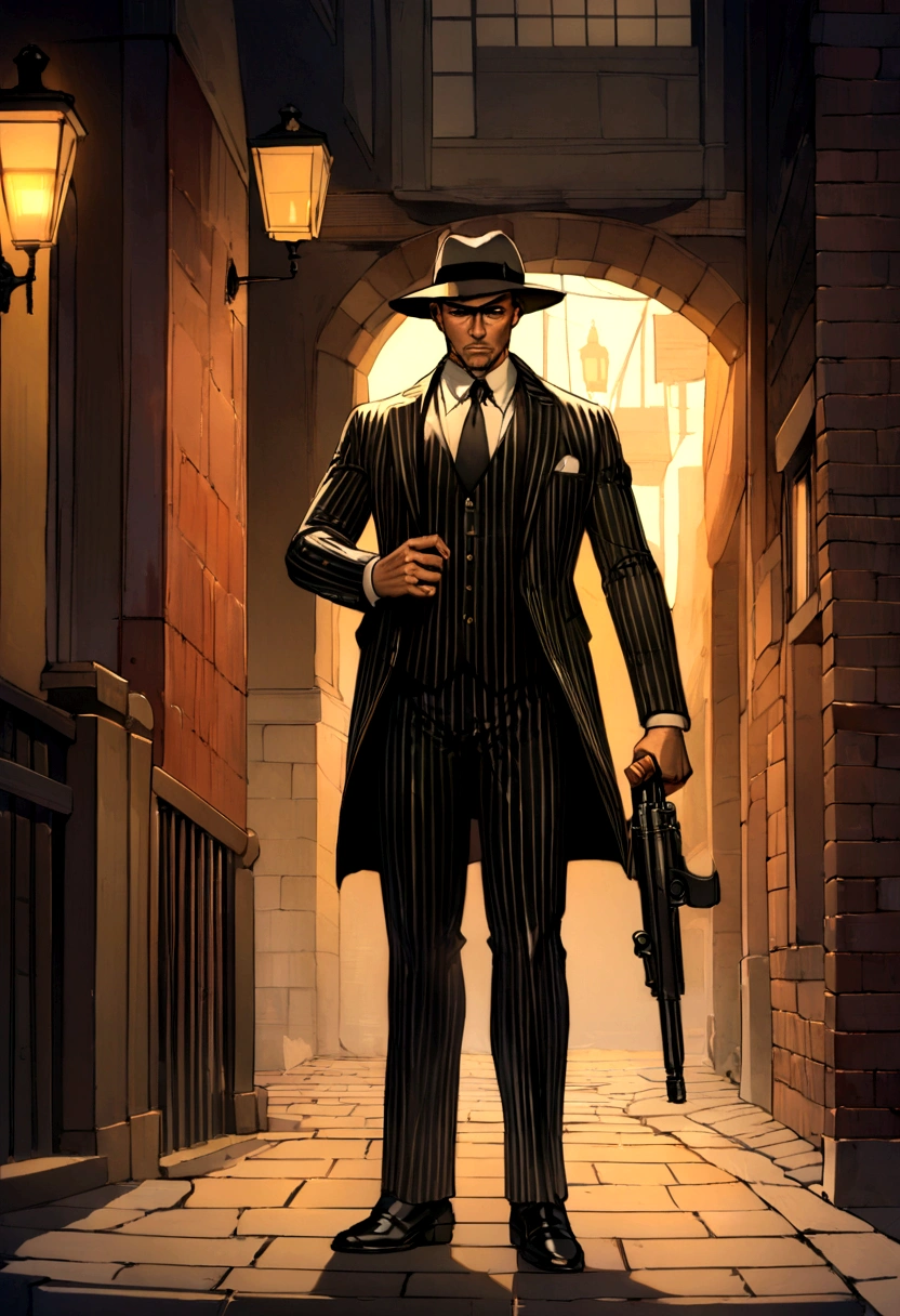8k, high quality,"Create an image of a classic 1920s gangster. He is standing in a dimly lit alleyway with brick walls and old street lamps casting shadows. He is wearing a pinstripe suit, a fedora hat, and polished shoes. In one hand, he is holding a Tommy gun, and in the other, a lit cigar. The background includes vintage cars parked nearby, and a smoky, mysterious atmosphere. The gangster has a confident, intimidating expression, embodying the era's dark, gritty vibe."