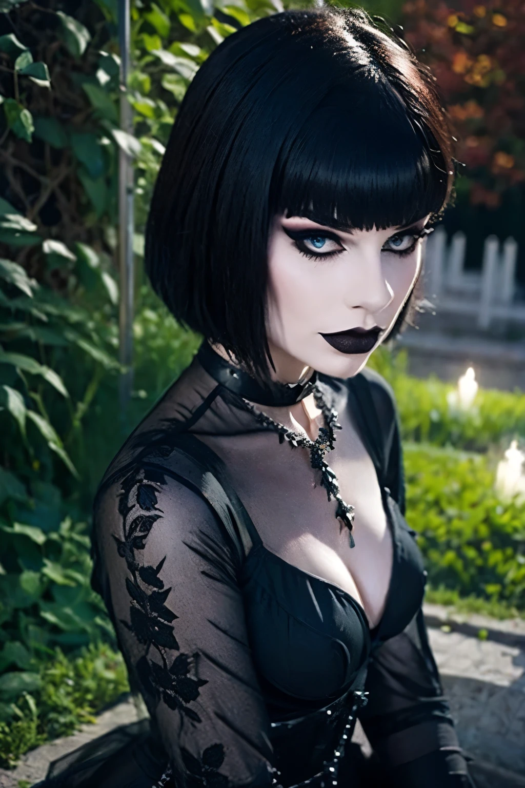 There is a 18 year old Goth Girl who is sitting, with Pale skin,  natural soft Pale skin, ((Cut hair with fringe, makeup )), night,By the chestnut, piel brillante, muy small breasts, muy , gothic sexy clothes. Tomb cemitery background. Cinematic lighting.