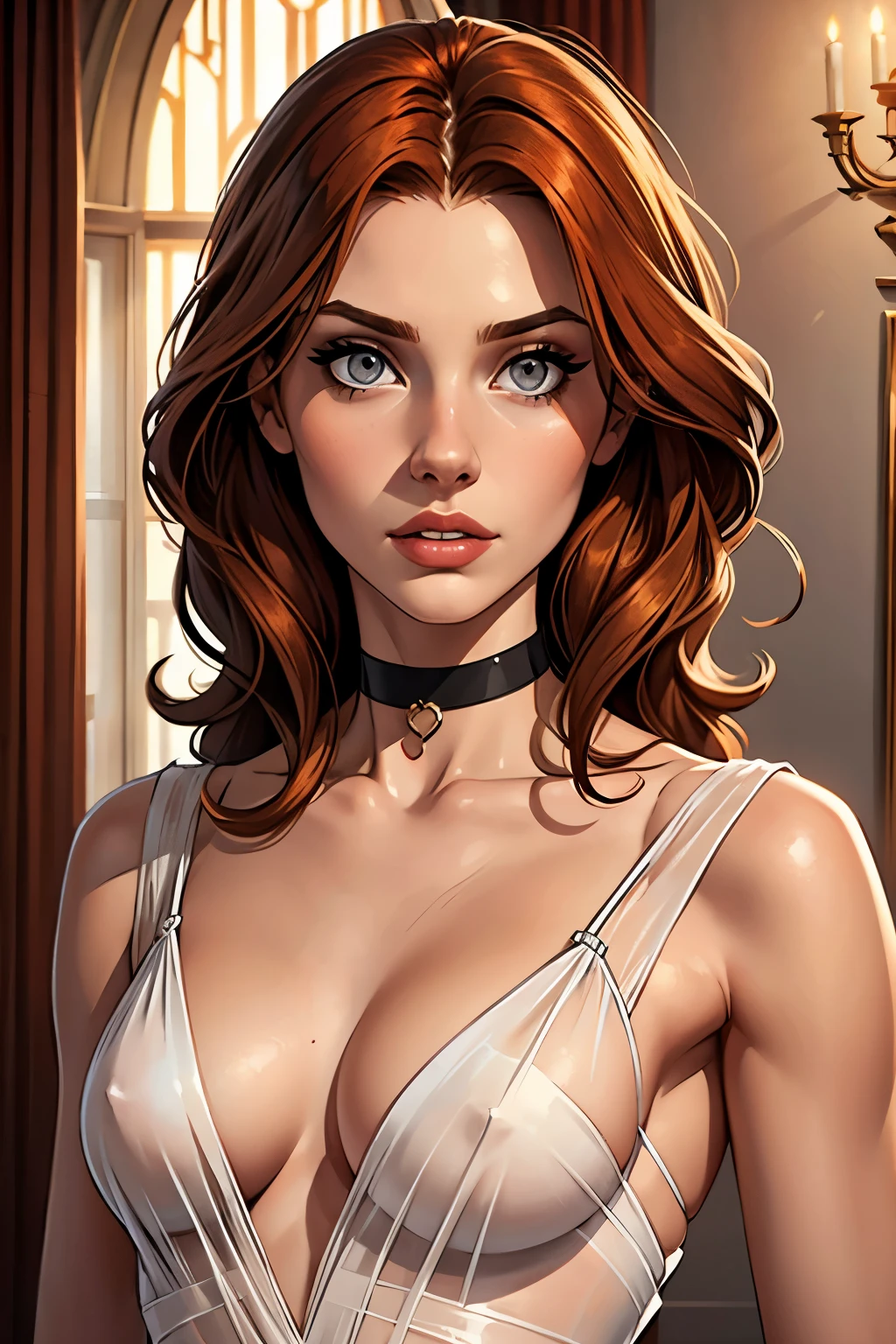 best qualityer, work of art, (realisitic: 1.2), 1 girl, slender girl, ginger hair, eyes browns, 3/4 view, face detailed, gorgeous eyes, eyes gray, eyes large, breasts small, choker, see through gown