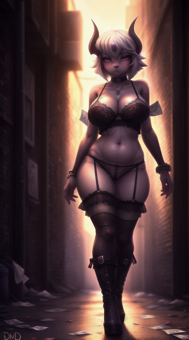 uploaded on e621, (((by Dimwitdog))), solo female (((mega absol))), wear (((slutty street hooker outfit))), (detailed mega absol), pokemon, (detailed lighting),(detailed fur), (detailed big breasts), big breasts, (detailed skin), BREAK, ((in an alley at night)), (cinematic lighting), ((detailed background)), ((depth of field)), (half body shadow), ((looking at viewer)), (low-angle view), ((three-quarter view)), [backlighting], [detailed ambient light], [gray natural lighting], [ambient light on the belly], [realistic proportions], [explicit content, adult, nsfw], [sharp focus], (questionable content), (shaded), (hi res), ((masterpiece)), half-closed eyes, bimbo, ((bobcut hair)), (hair on head), (prostitute), money, condom wrapper strip, tank top, hooker boots, ("jaded and sad" expression), (after prostitution), sloppily dressed, used condom, pussy, panties down around thighs, big ass, wide hips, voluptuous,