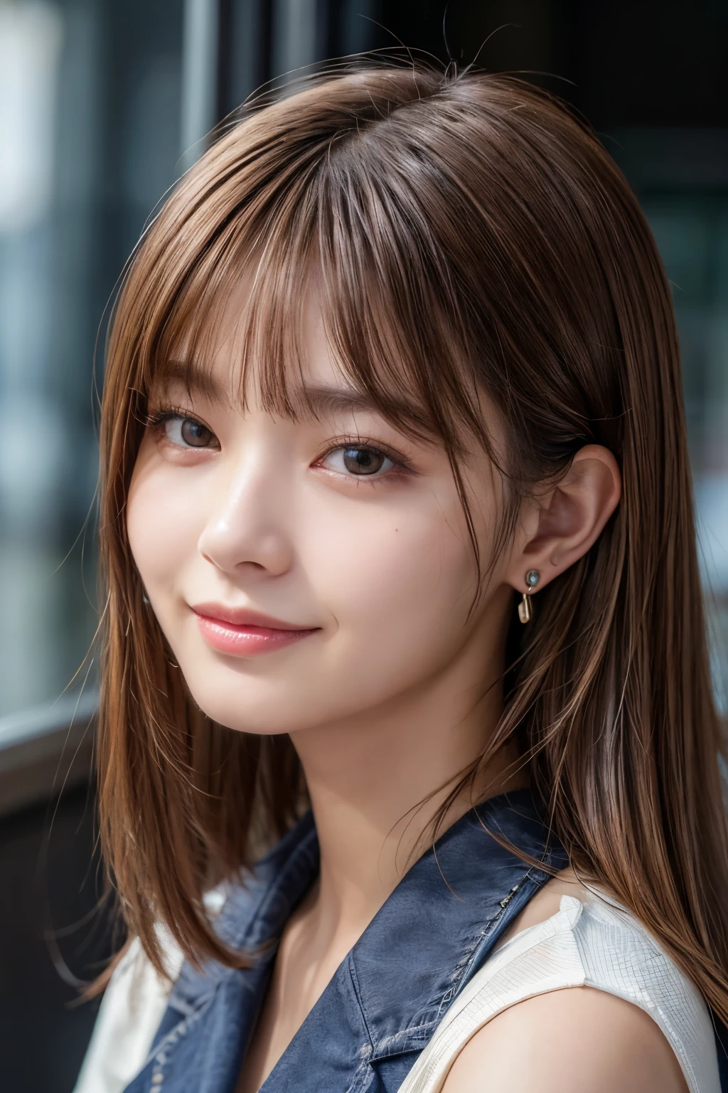 Upper Body、Beauty、Well-formed face、20-year-old、Uniform eyes、Small face、, light brown hair, hair over shoulder, parted bangs, straight hair, expressive hair, shiny hair, earrings, seductive smile, Surrealism, cinematic lighting, first-person view, pov, f/1.2, Nikon, UHD, textured skin, best quality, highres, 8k